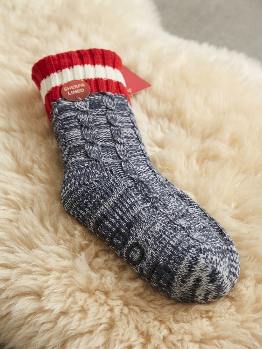NWT Aeropostale Sherpa Lined Cable Knit Slipper Socks | Navy Red White CC